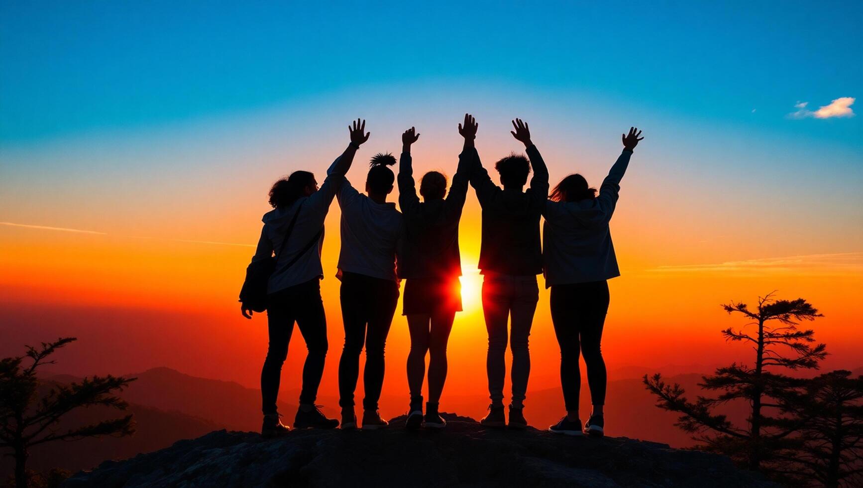 Silhouetted Group of Young Adults Celebrating Victory on Mountain Peak at Golden Sunset Symbol of Unity Ambition and Triumph photo