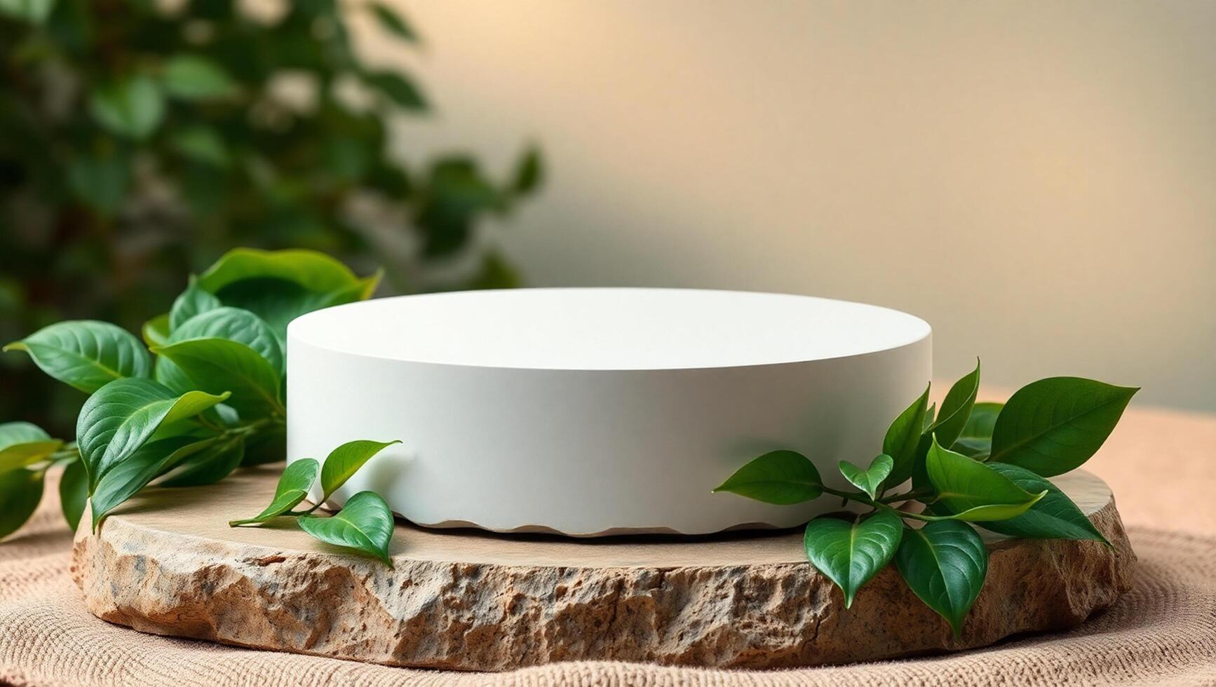 Natural Product Display with Green Tropical Leaves and Stone Base photo