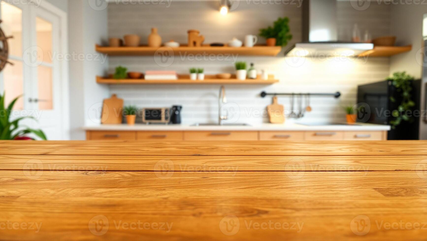 Wooden table surface with a blurred modern kitchen featuring shelves in the background photo