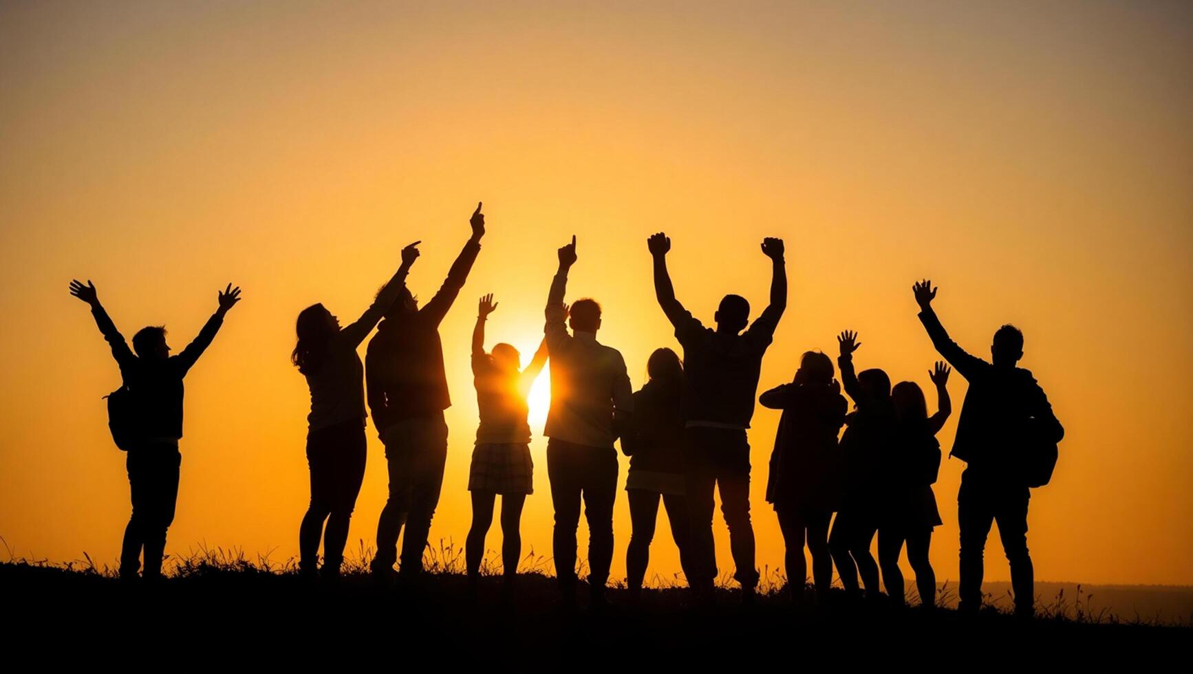 Silhouetted Group of Young Adults Celebrating Victory on Mountain Peak at Golden Sunset Symbol of Unity Ambition photo