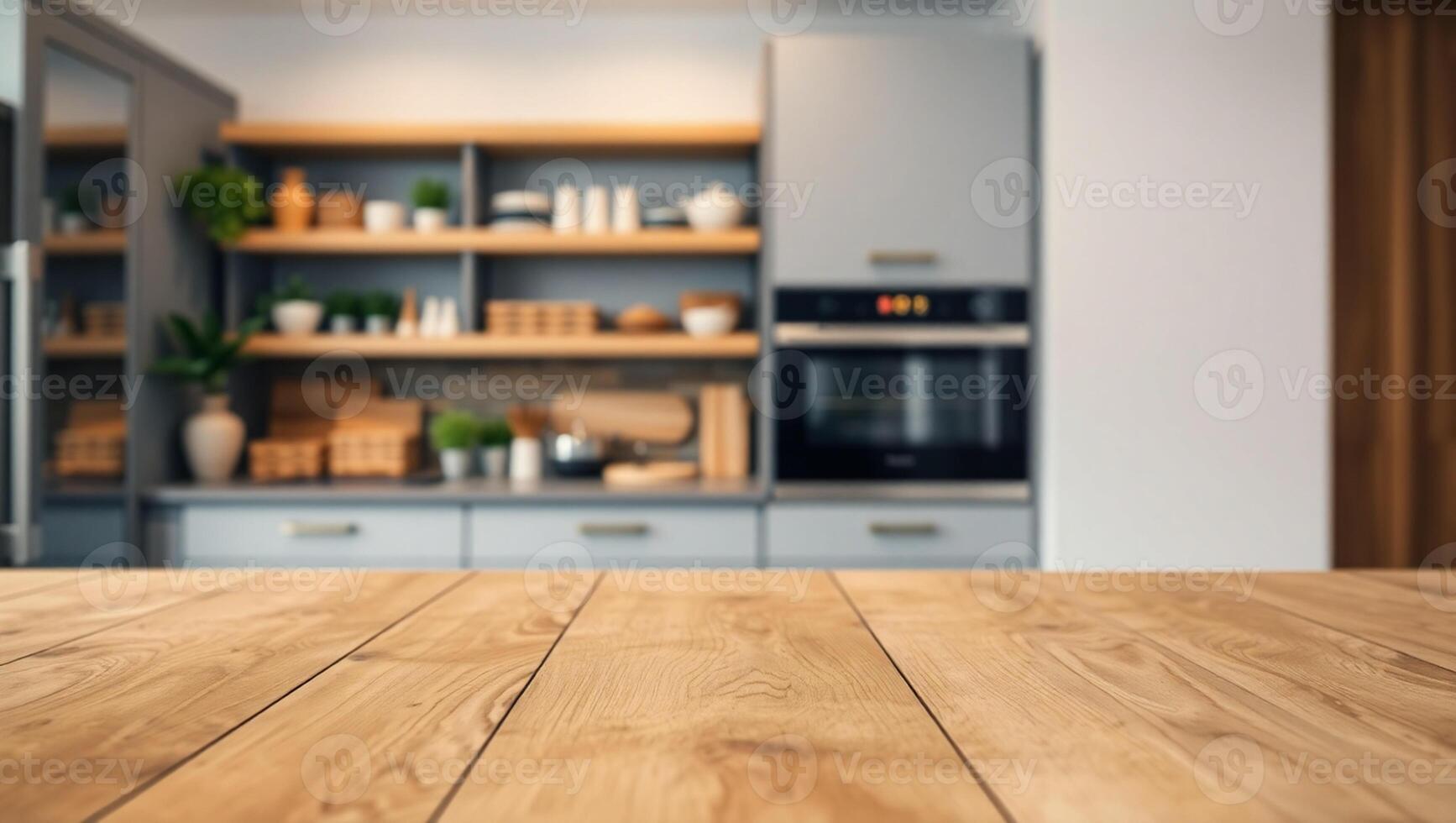 Wooden table surface with a blurred modern kitchen featuring shelves in the setup photo