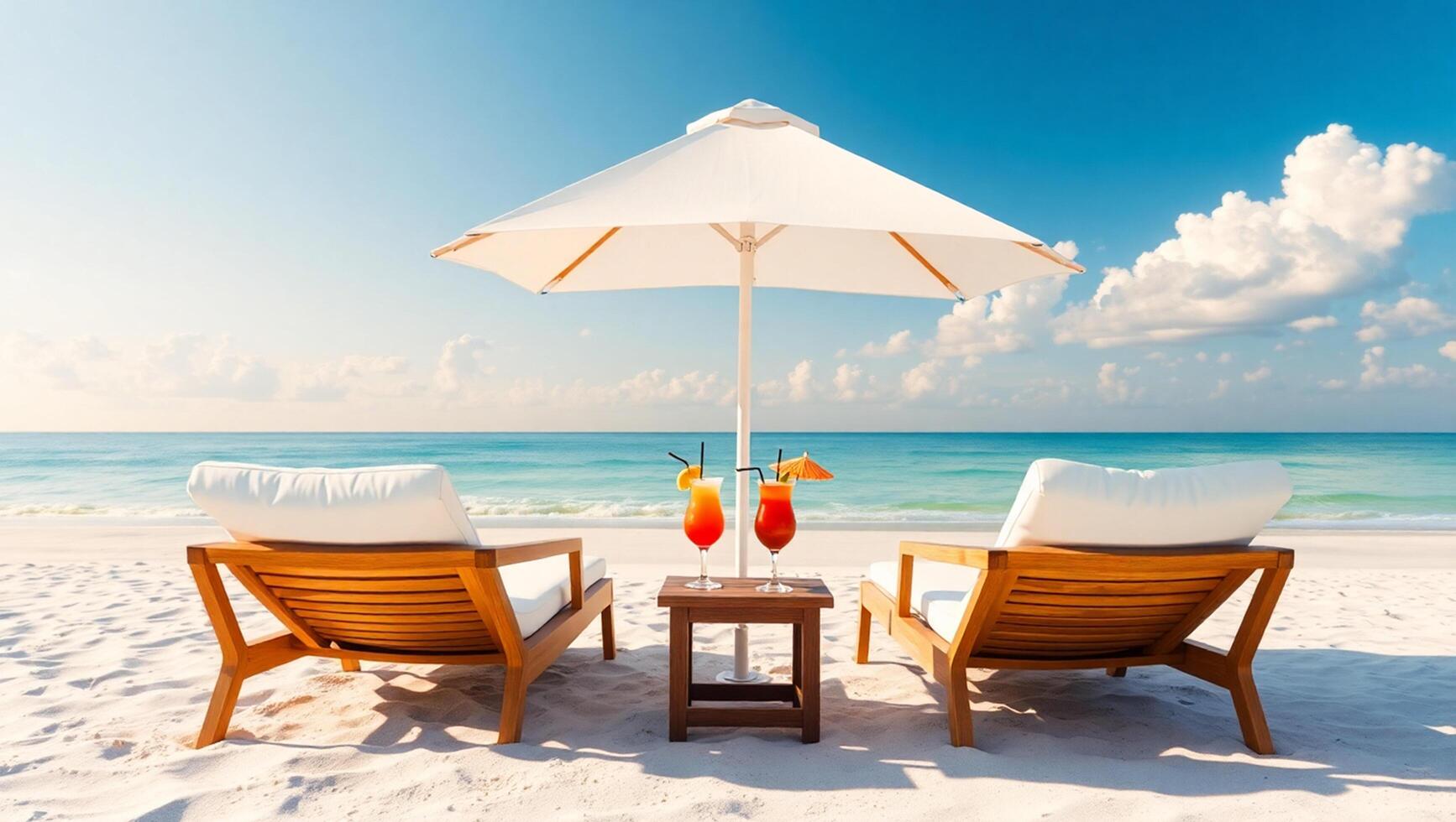 Wooden Lounge Chairs under a Beach Umbrella by the Sea and Sky photo