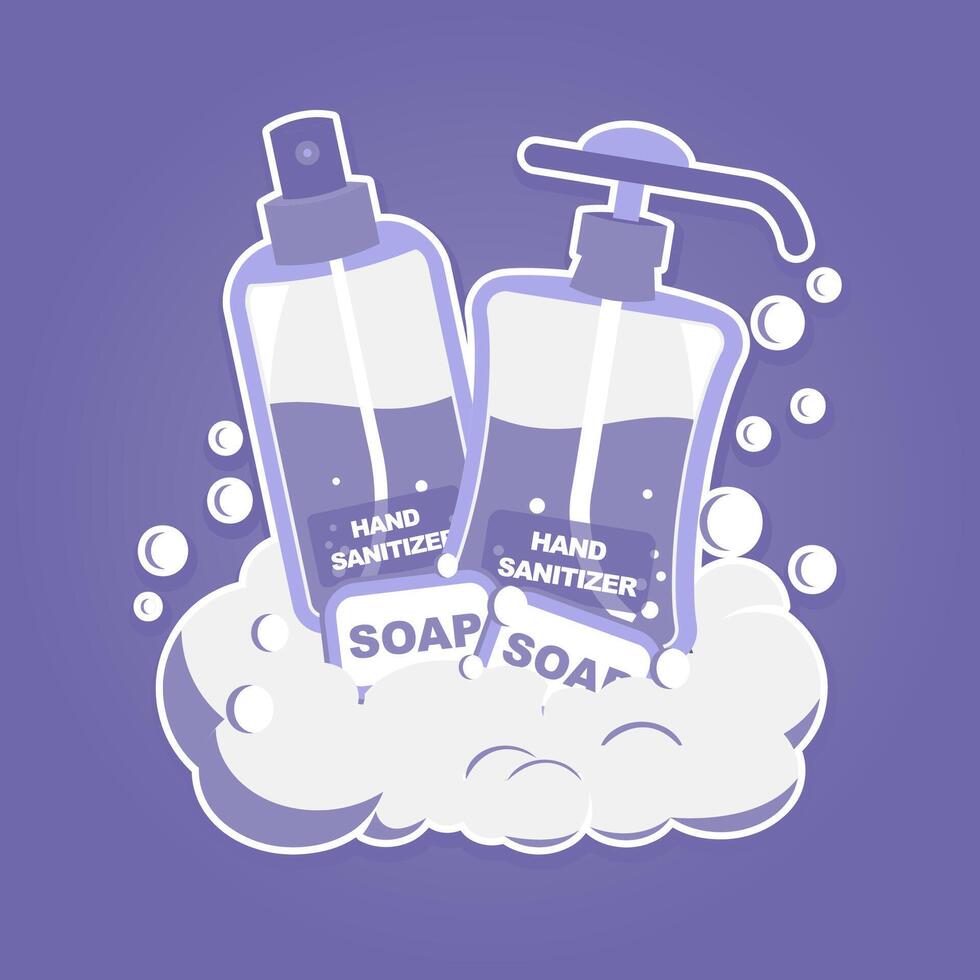 soap and hand sanitizer in flat design. purple and white concept vector