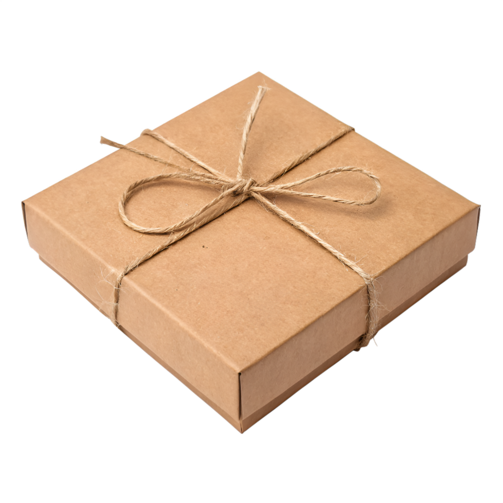 Flat kraft box with string tie wrap, natural packaging mockup png