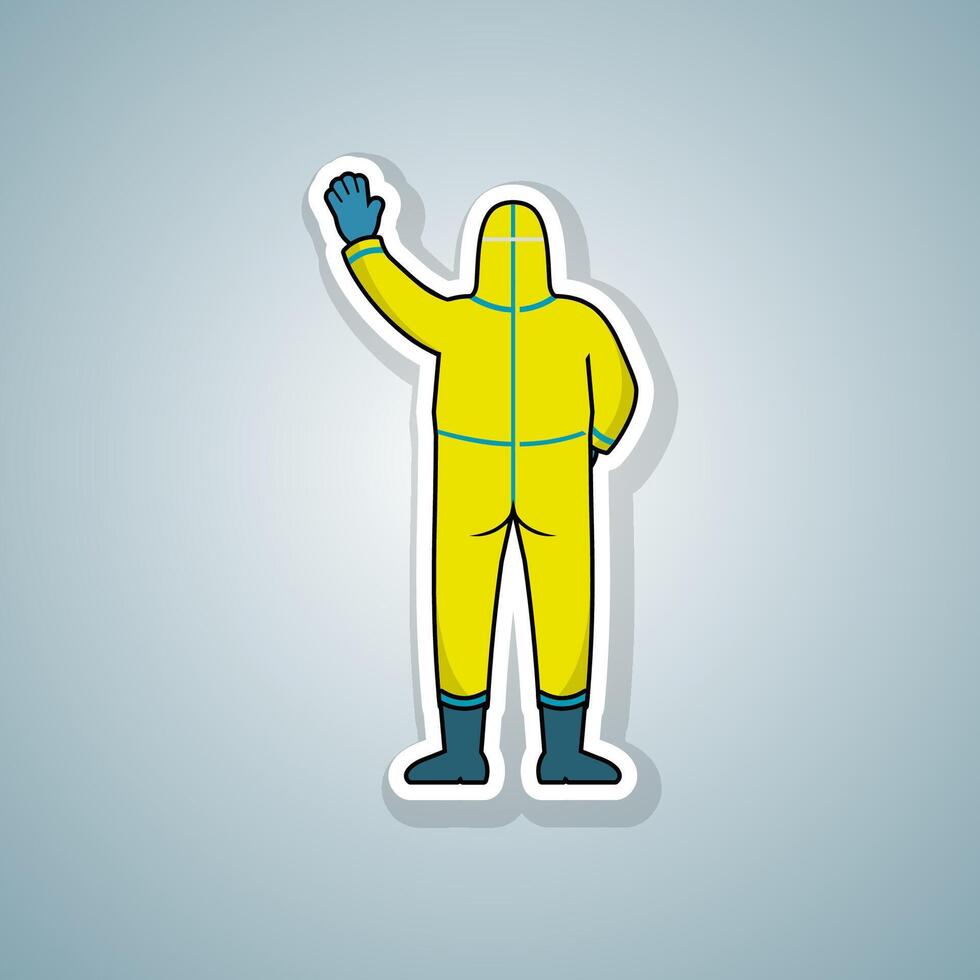 Doodle men wearing yellow hazmat suit wave hand from back vector