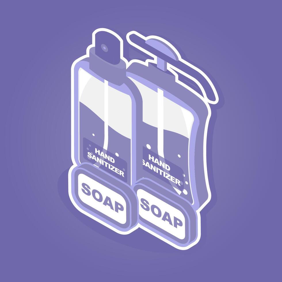 isometric soap and hand sanitizer in flat design. purple and white concept vector