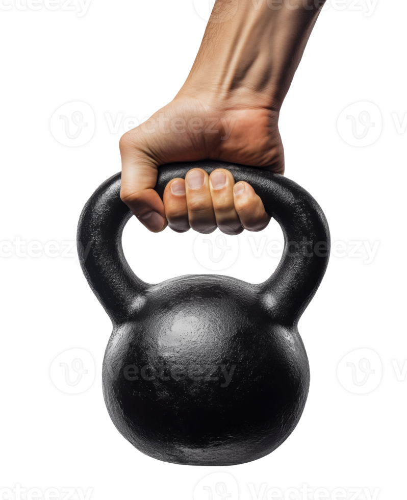 Male hand gripping black kettlebell isolated on a transparent background png