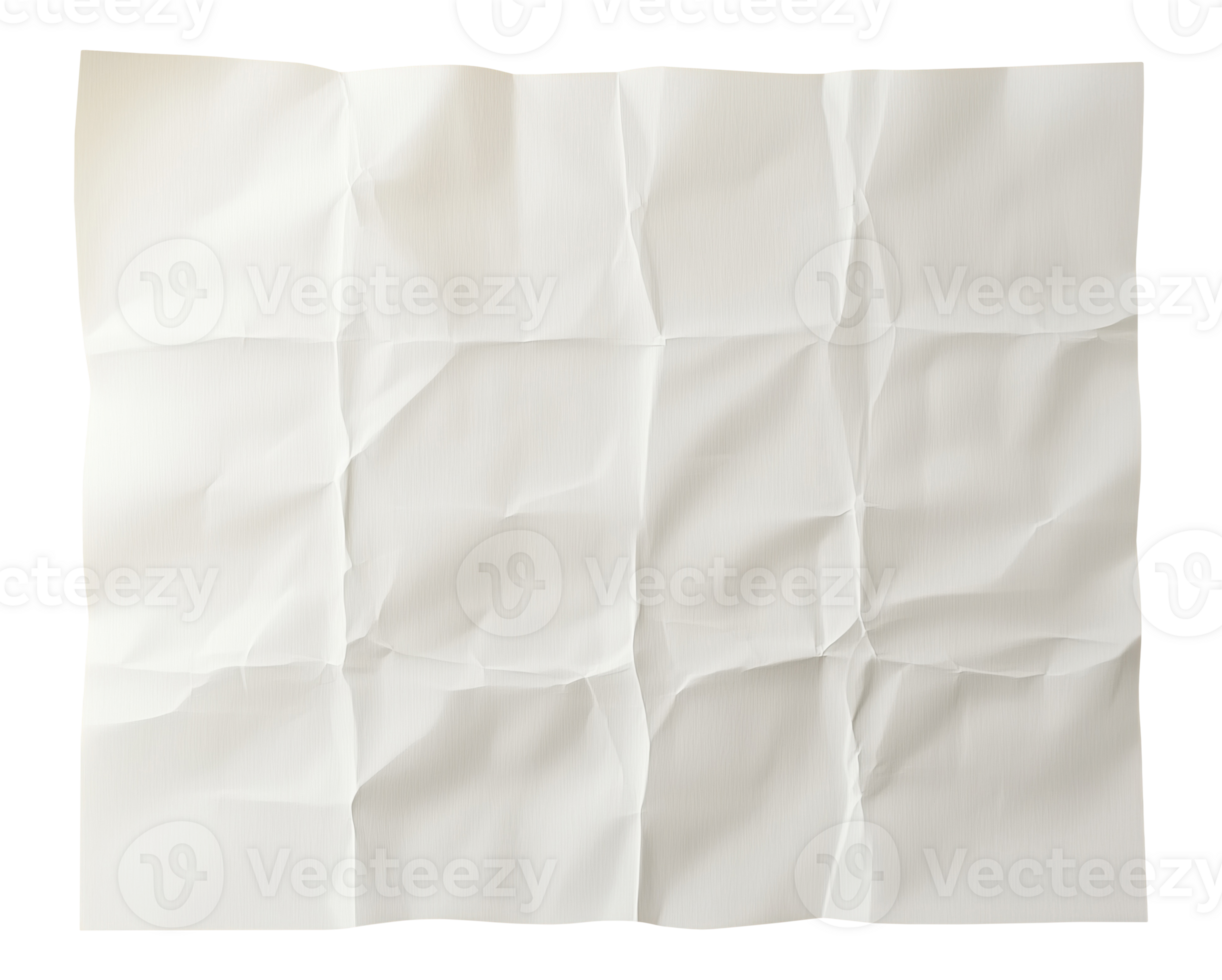 Clean white crumpled paper with natural wrinkles and folds, isolated on a transparent background png