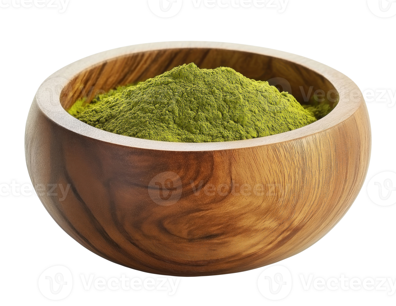 Matcha green tea powder in a wooden bowl isolated on transparent background png