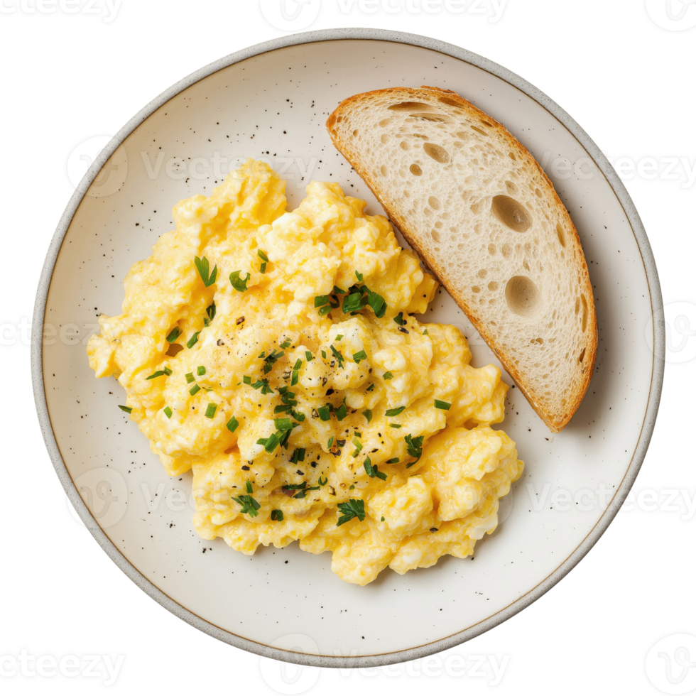 Plate with scrambled eggs and slice of bread isolated on transparent background, top view png