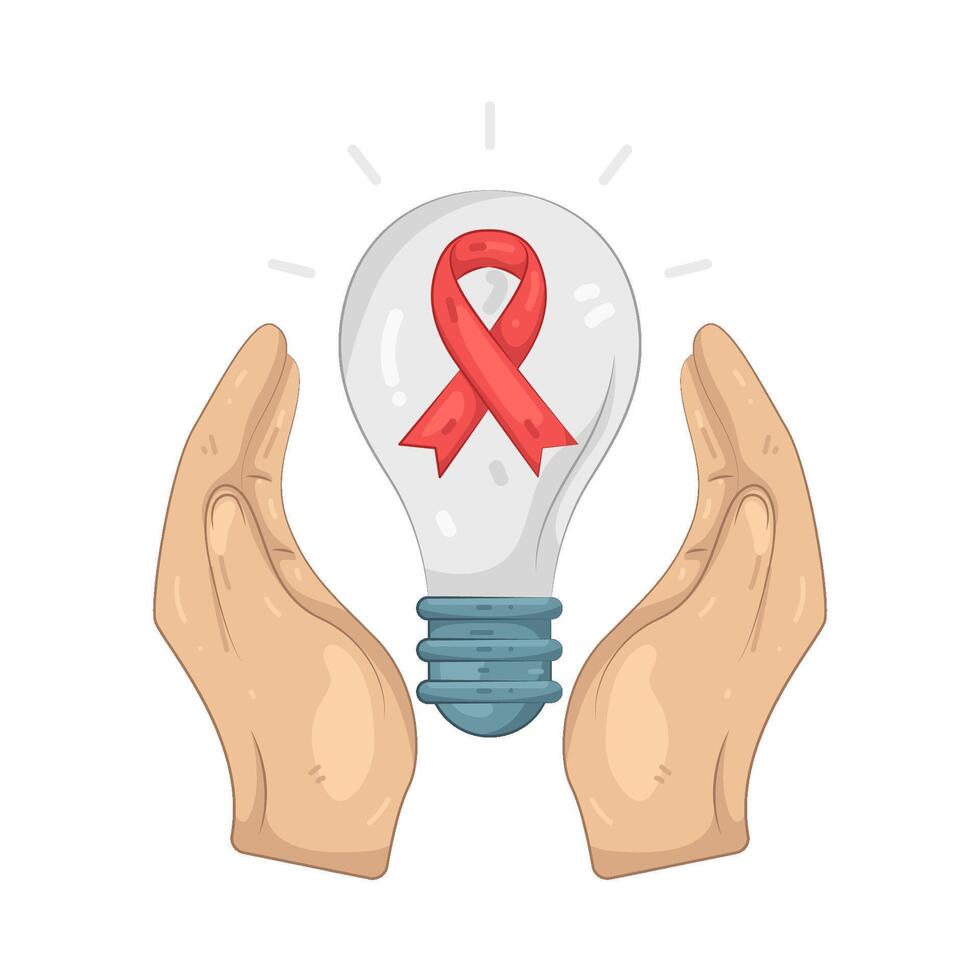 Red Ribbon in Light Bulb Protected by Hands vector