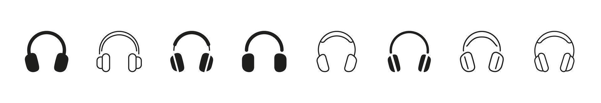 Headphones icon set. Collection of audio headset symbols for music, sound, podcast, tech support, and multimedia applications. illustration. vector