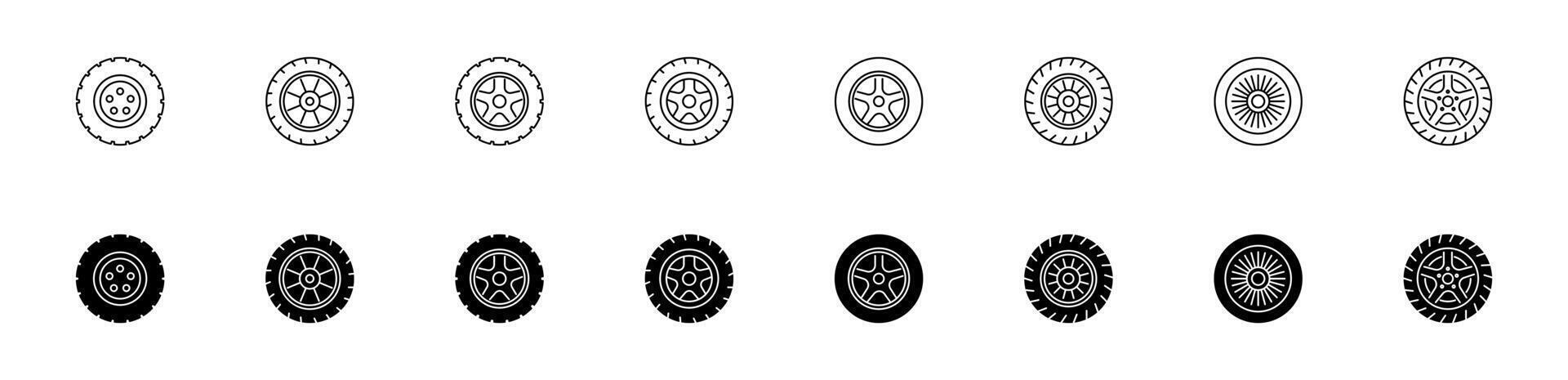 Car wheels icon set. A modern collection of car wheel and rim icons in both outline and filled styles. vector