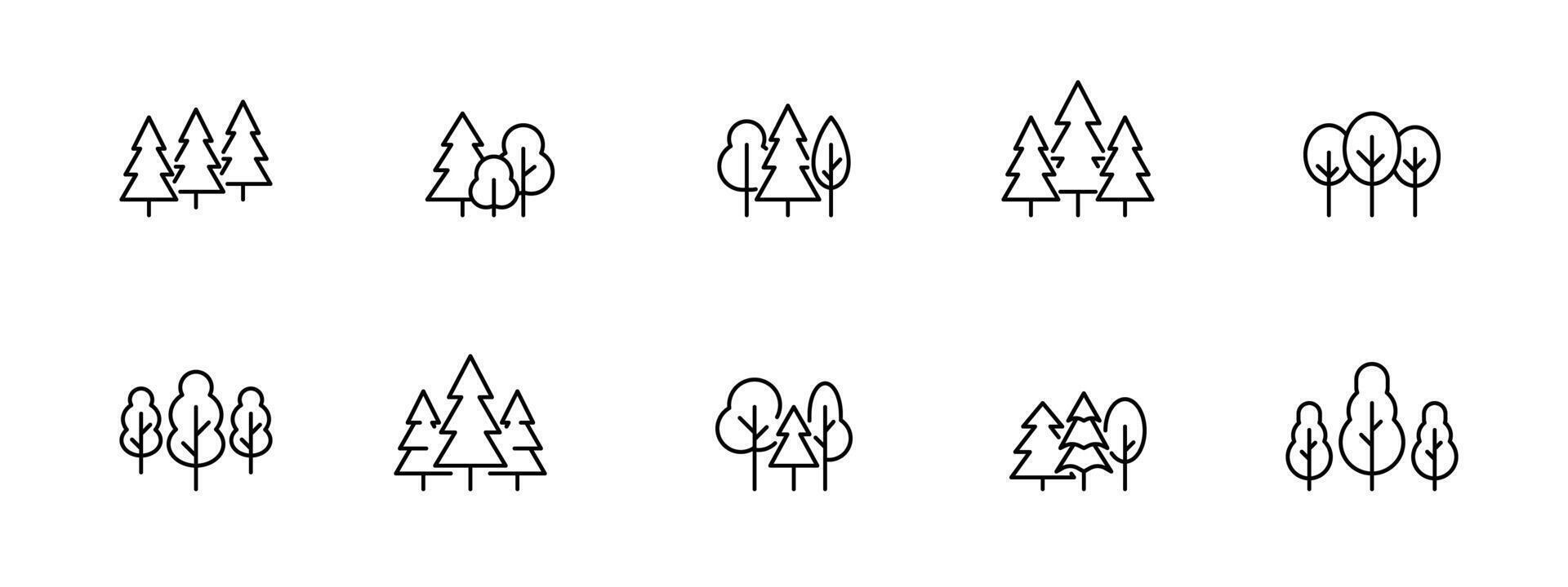 Trees, forest, and nature icon set. Woodland, greenery, eco-friendly concepts, environment, parks, and sustainability. Ecology symbol. Thin line style, black and white. illustration. vector