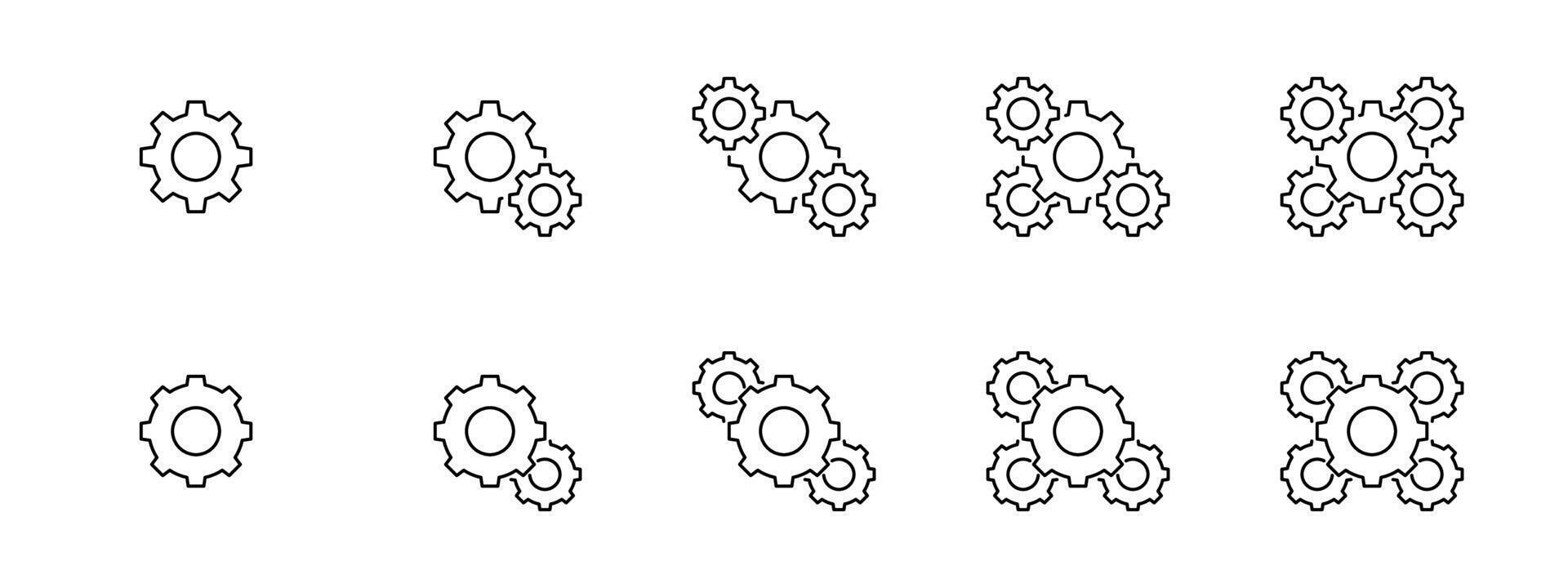 Gear icon set. A set of minimalist gear and settings icons in progressive configurations. vector