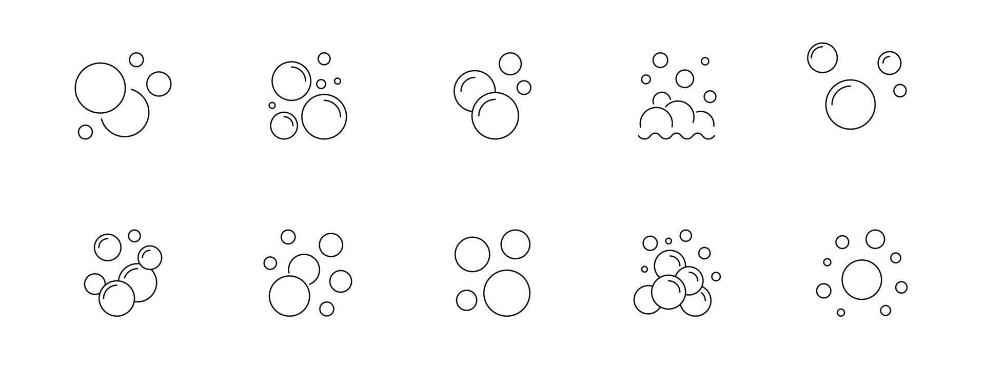 Soap bubbles and foam icon set. Cleanliness, washing, hygiene, and freshness symbols. Thin line style, black and white. illustration. vector