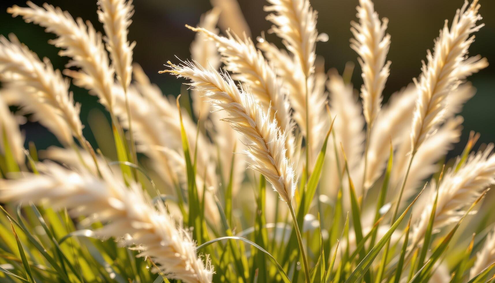 close up view of ornamental grasses with long blades swaying and fine texture under golden sunlight. photo