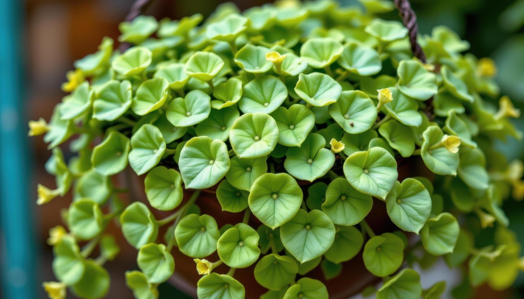close up view of a creeping charlie plant with rounded, scalloped edge leaves spilling from a hanging basket. photo