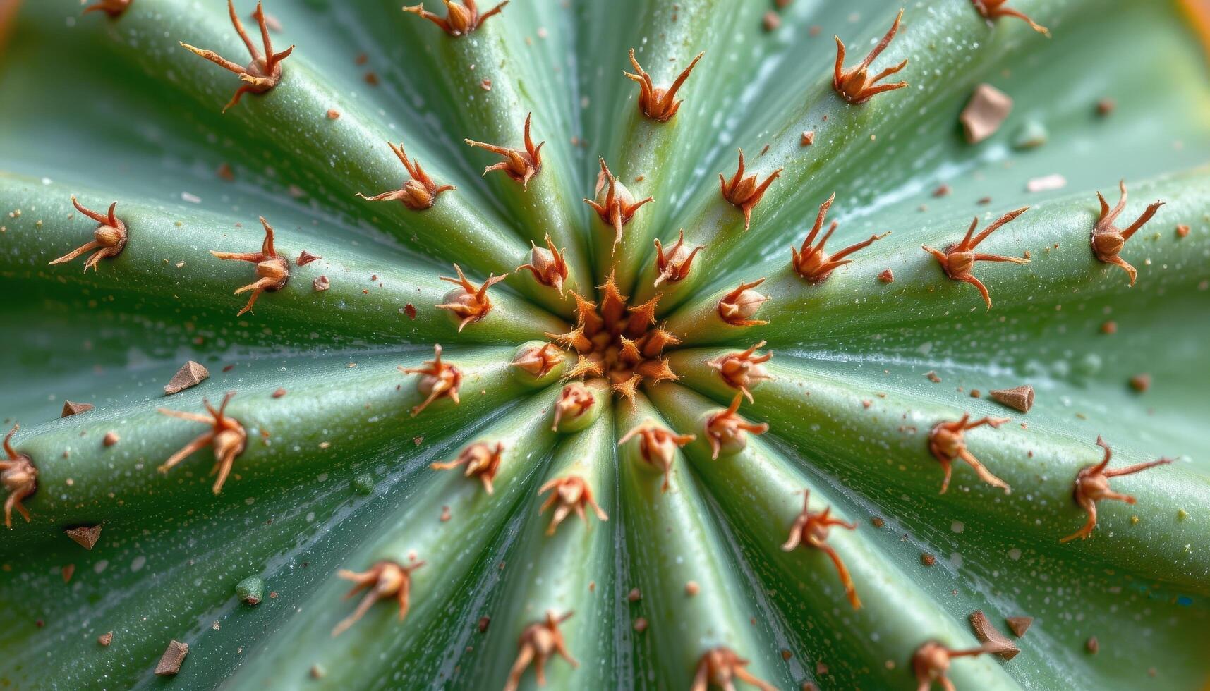 close up view of a textured cactus pad with dense radial spines and subtle shading on its matte green surface. photo