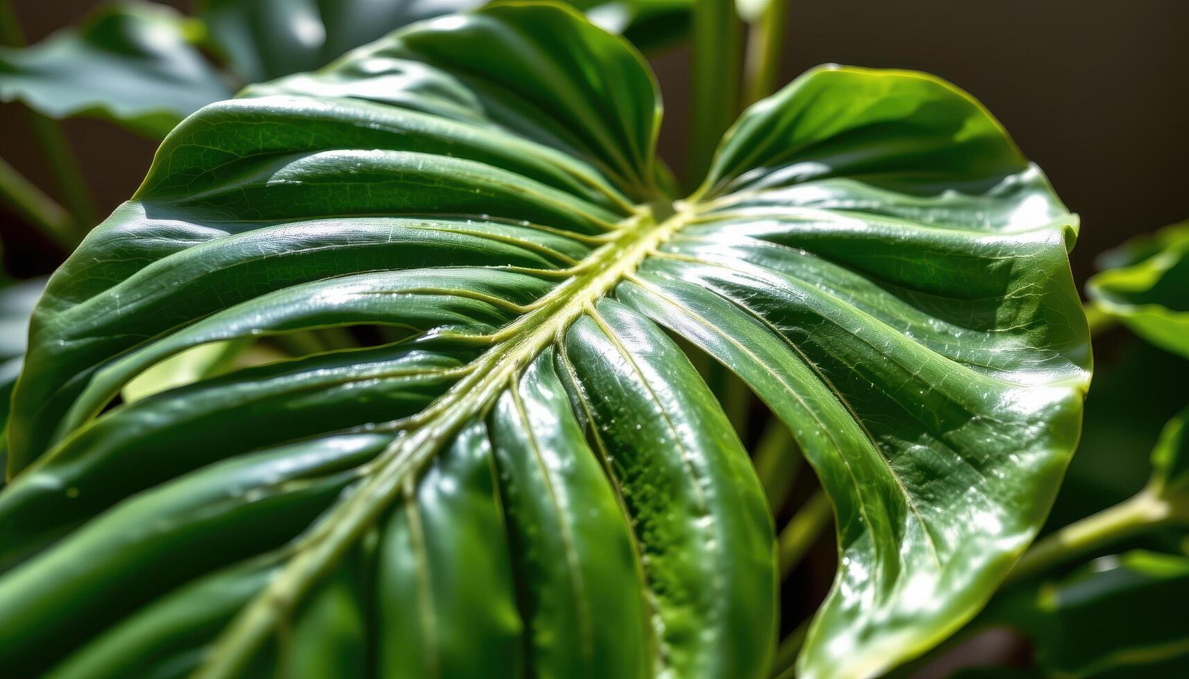 close up view of a philodendron leaf with shiny texture and split lobes, backlit by sunlight. photo