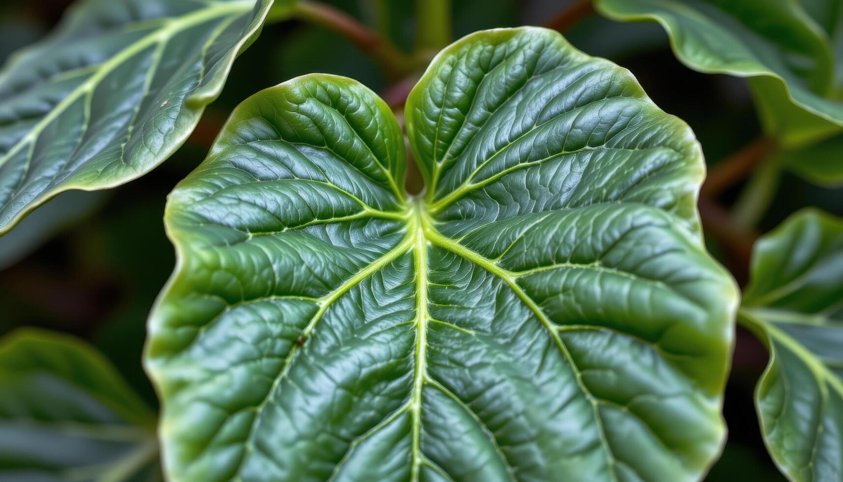 close up view of a fiddle leaf fig with broad, leathery leaves displaying deep veins and slightly curled edges. photo