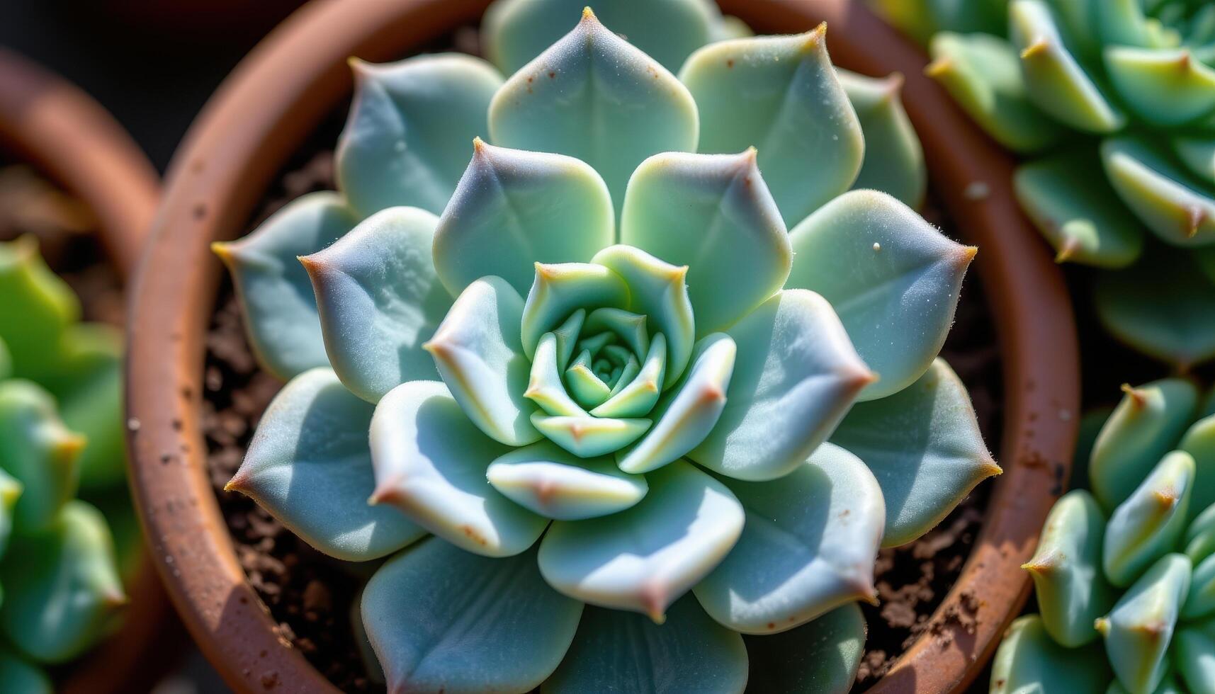 close up view of an echeveria succulent forming a tight geometric rosette, its powdery blue green leaves highlighted by sunlight. photo