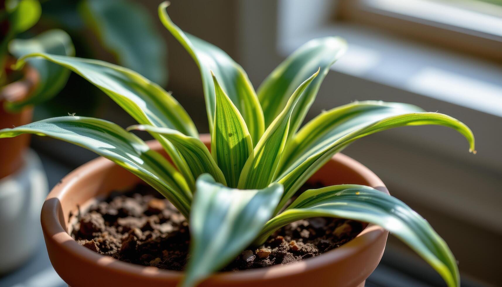 close up view of a variegated dracaena plant in a clay pot with gentle sunlight falling over it. photo