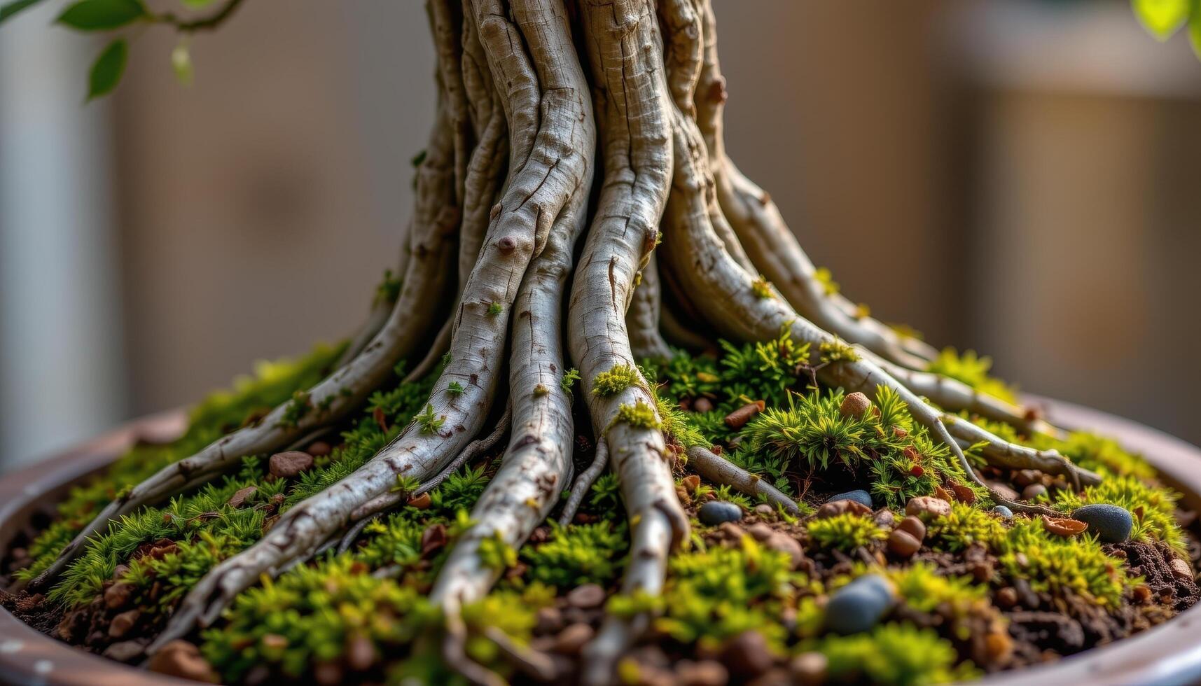 close up view of a bonsai tree's miniature trunk and moss covered roots showing decades of cultivated growth. photo