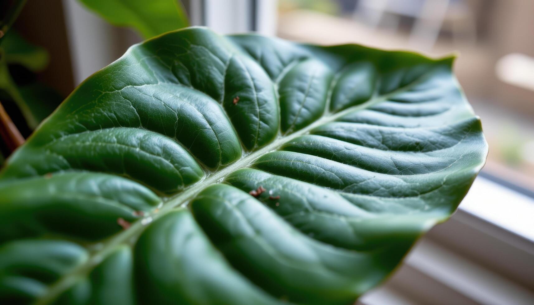 close up view of a waxy hoya plant leaf with subtle veins and smooth curves, reflecting indoor window light. photo
