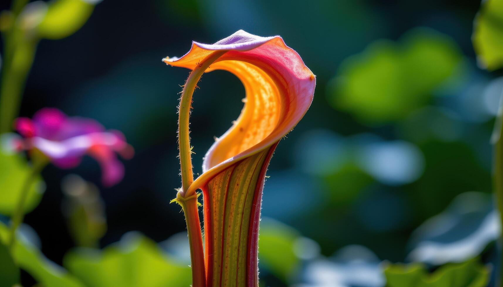 close up view of a pitcher plant's trap structure glowing in a backlit botanical setup. photo