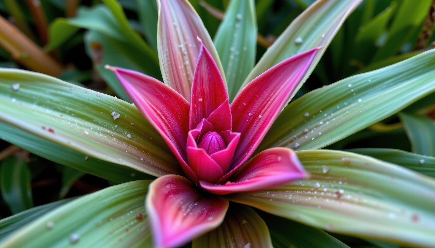 close up view of a flowering bromeliad with vivid fuchsia petals emerging from green foliage. photo