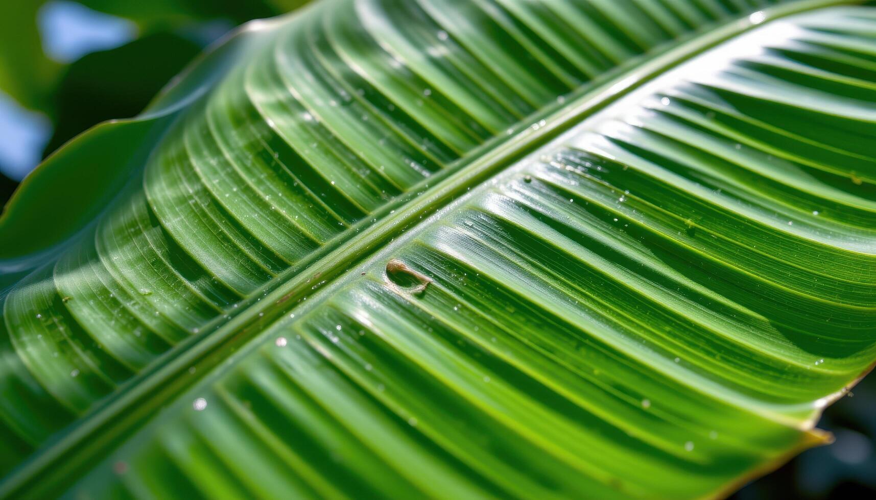 close up view of a glossy banana leaf with vertical lines and a luminous green surface catching diffused sunlight. photo