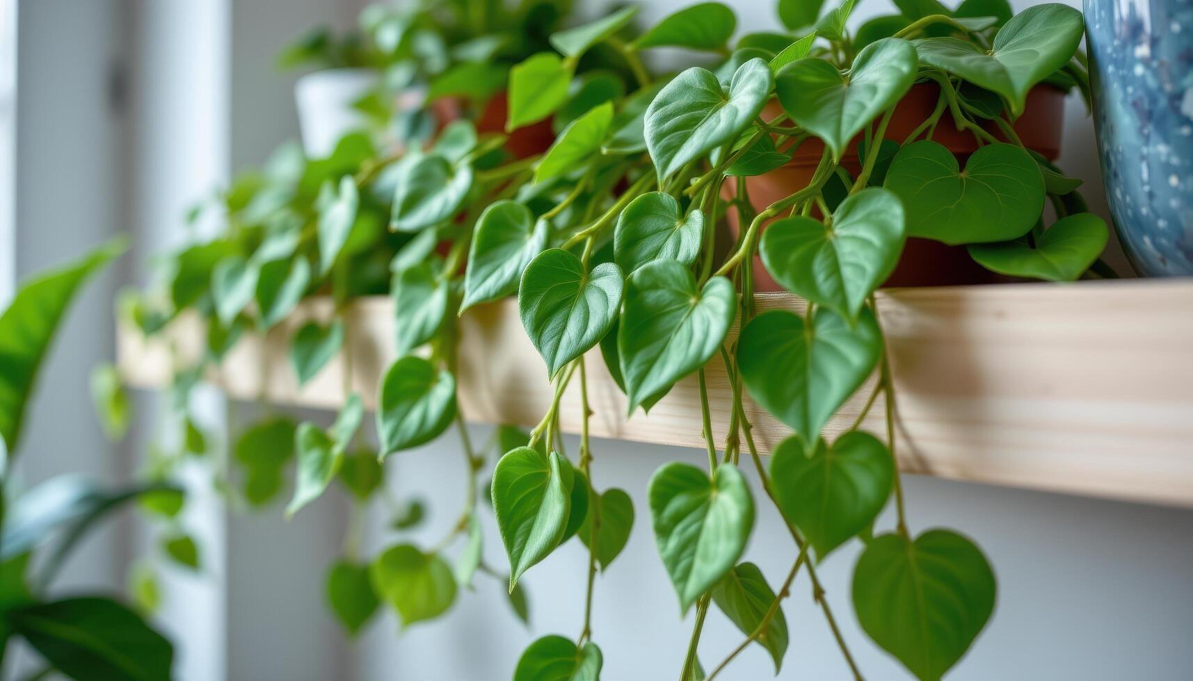 close up view of trailing pothos vines with heart shaped leaves cascading over a shelf. photo