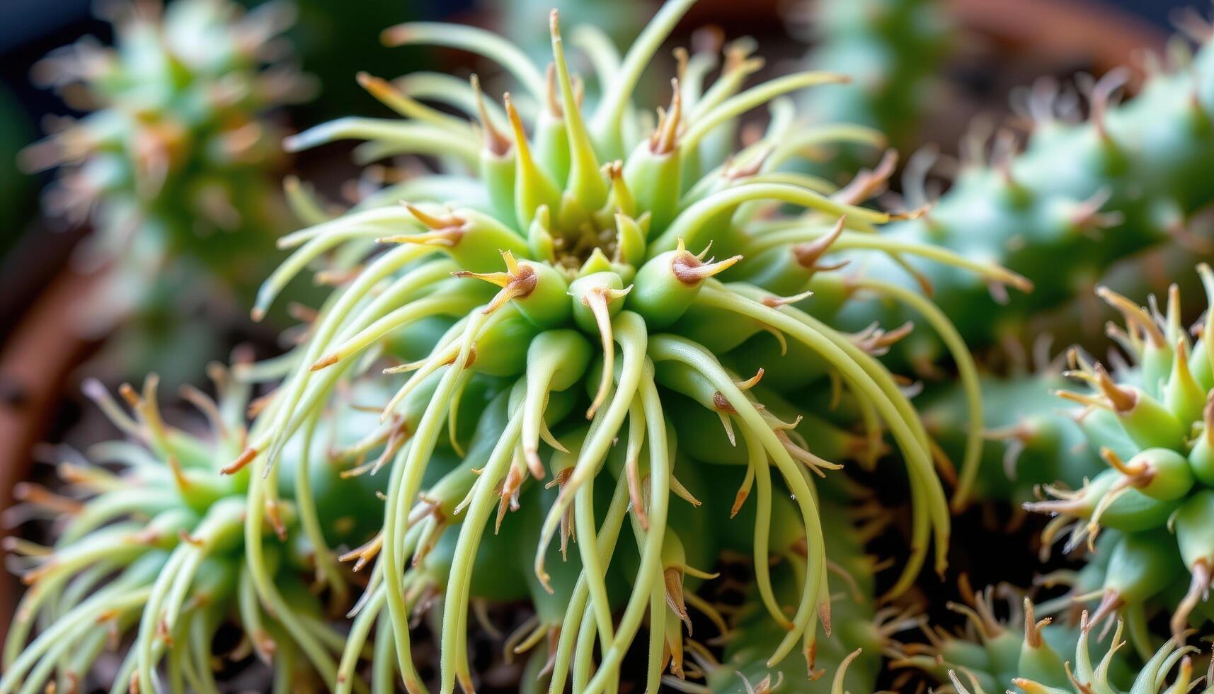 close up view of a rhipsalis cactus with spaghetti like trailing stems cascading gently. photo
