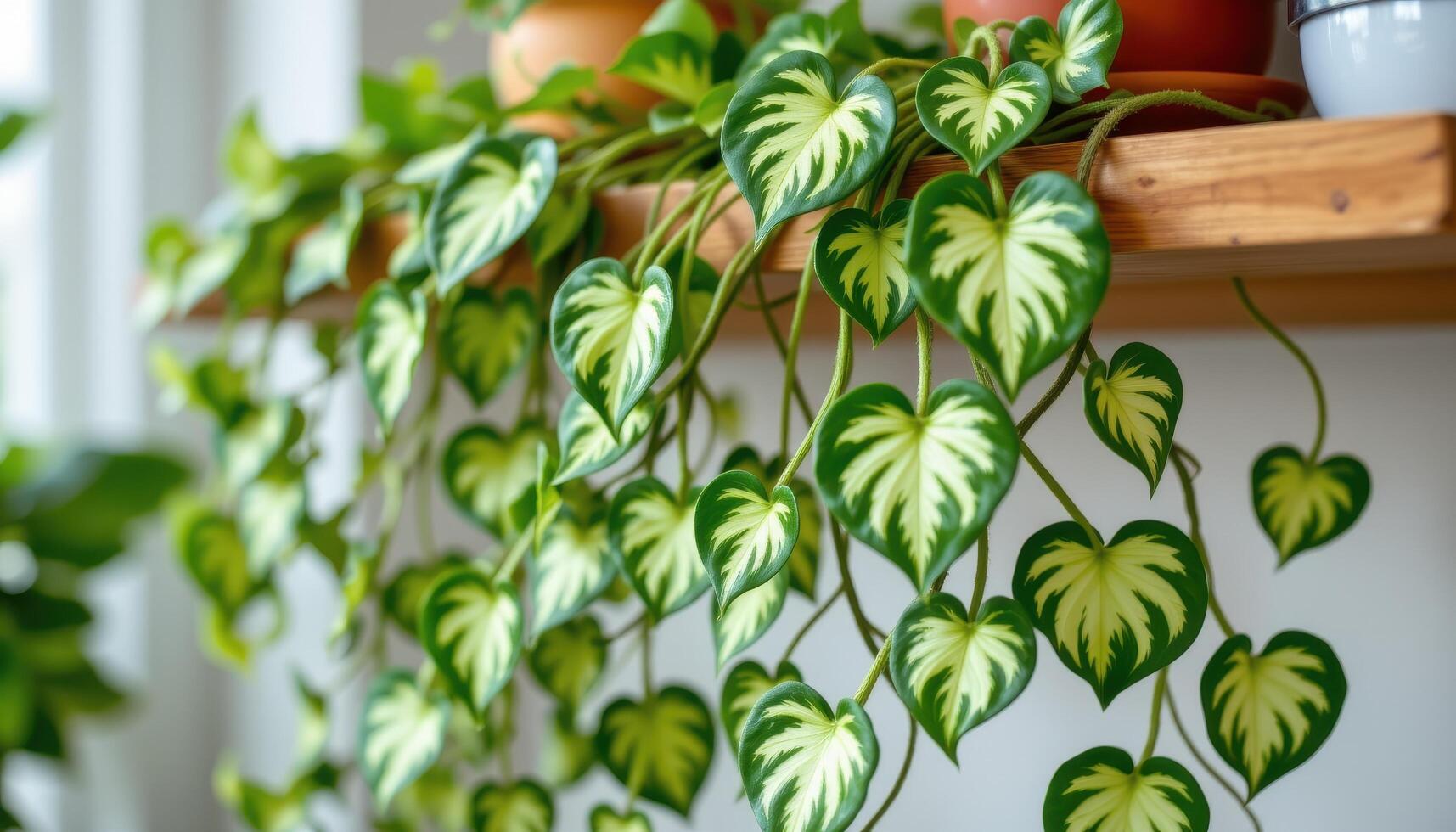 close up view of cascading pothos vines with heart shaped variegated leaves trailing gently from a wooden shelf. photo