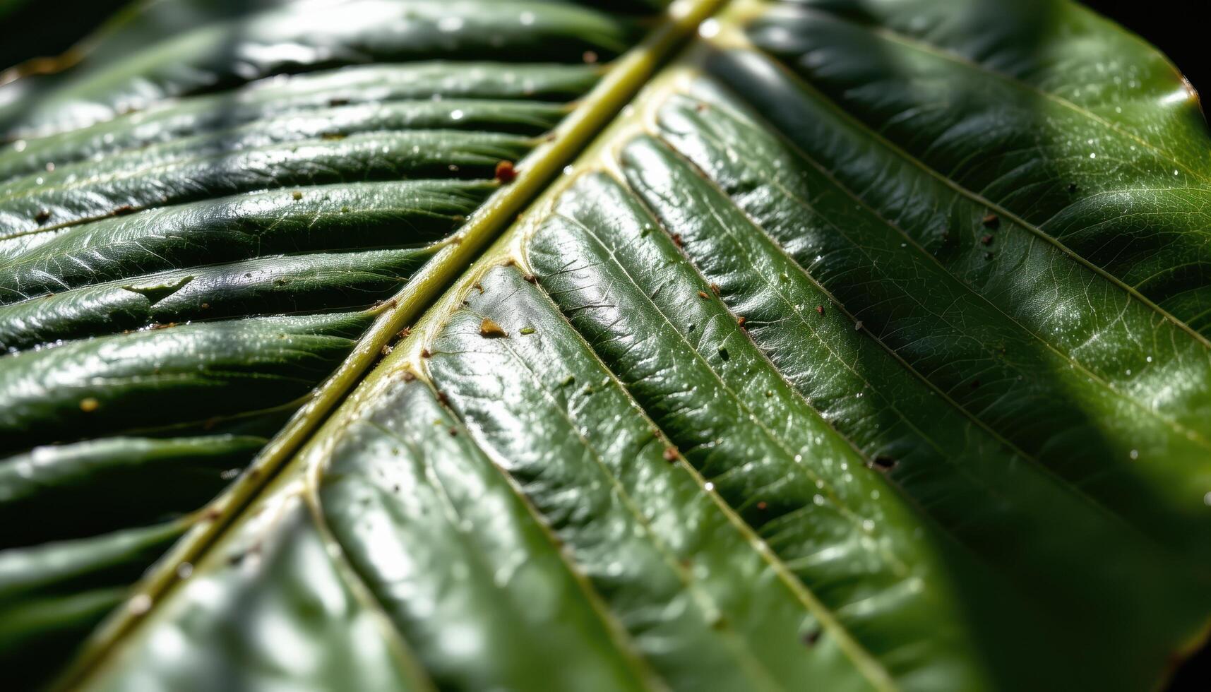 close up view of a sunlit rubber tree leaf with a waxy surface and prominent midrib. photo