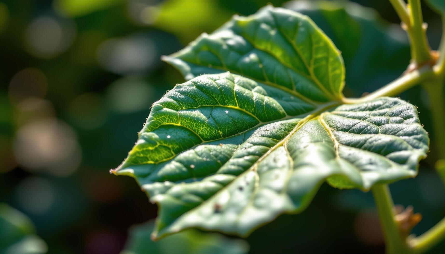 close up view of a young fig leaf with lobed green structure catching soft afternoon light. photo