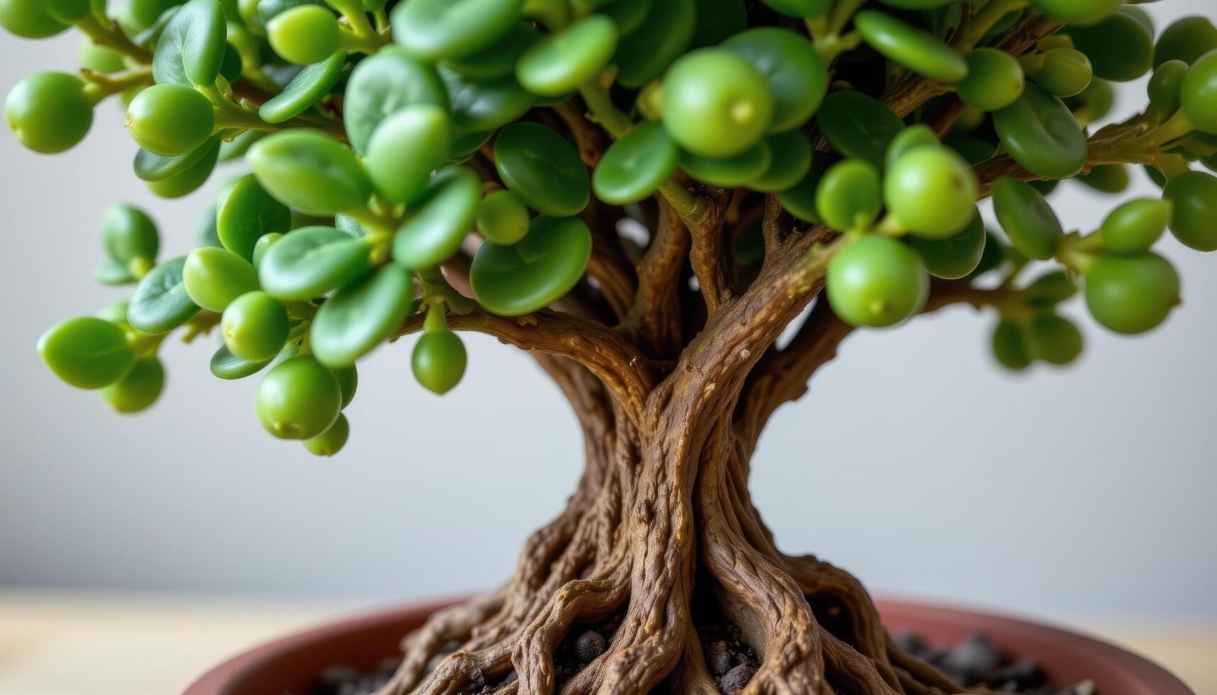 close up view of a jade plant with chubby green leaves and a rough, woody stem base showing maturity. photo