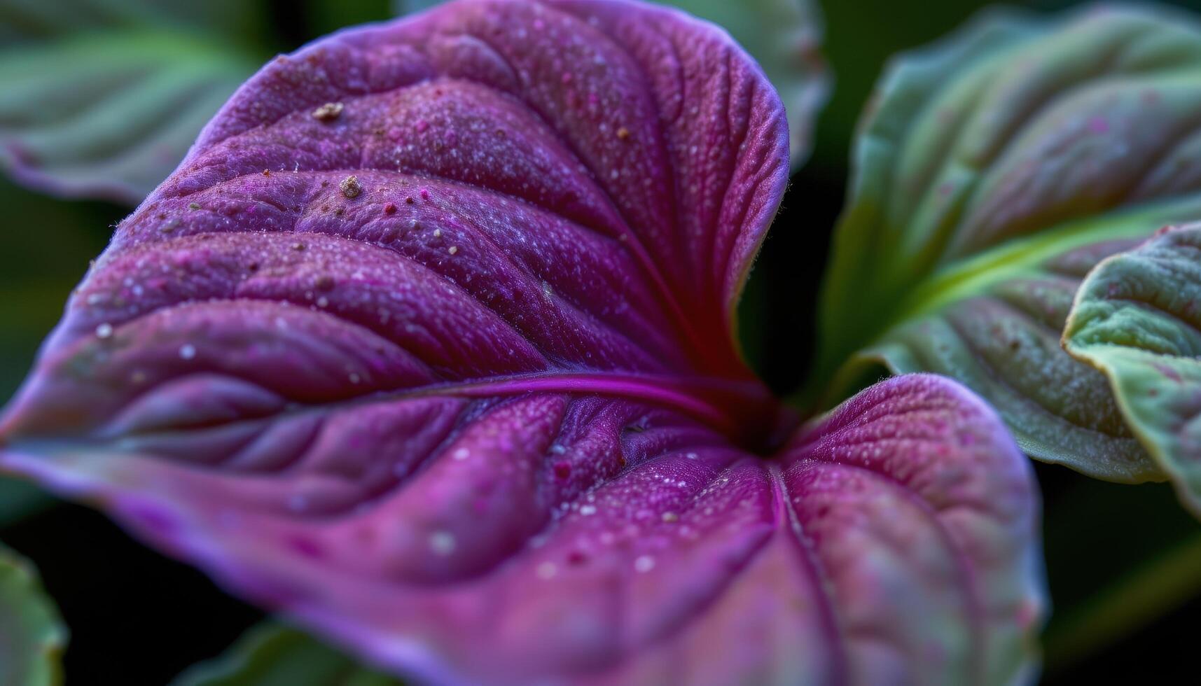 close up view of a purple oxalis leaf with triangular geometry and matte surface tone in moody lighting. photo
