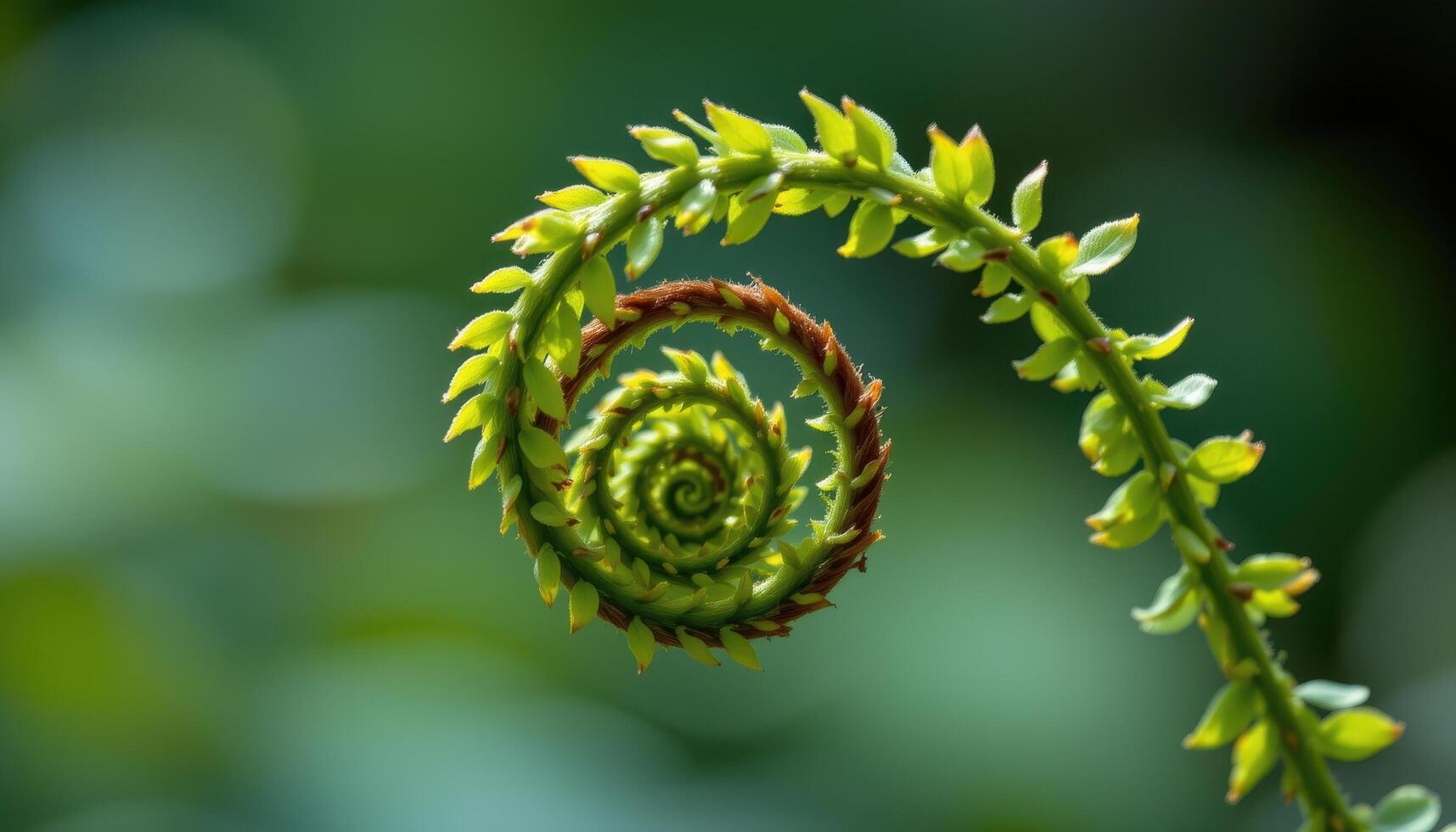 close up view of a fern frond slowly unfurling with delicate leaflets forming an organic spiral against a softly blurred background. photo