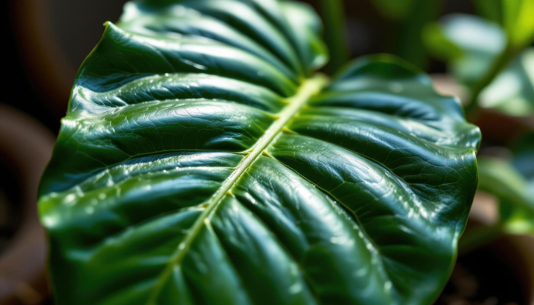 close up view of a glossy rubber plant leaf reflecting gentle ambient light while revealing its bold central vein and dark green surface. photo