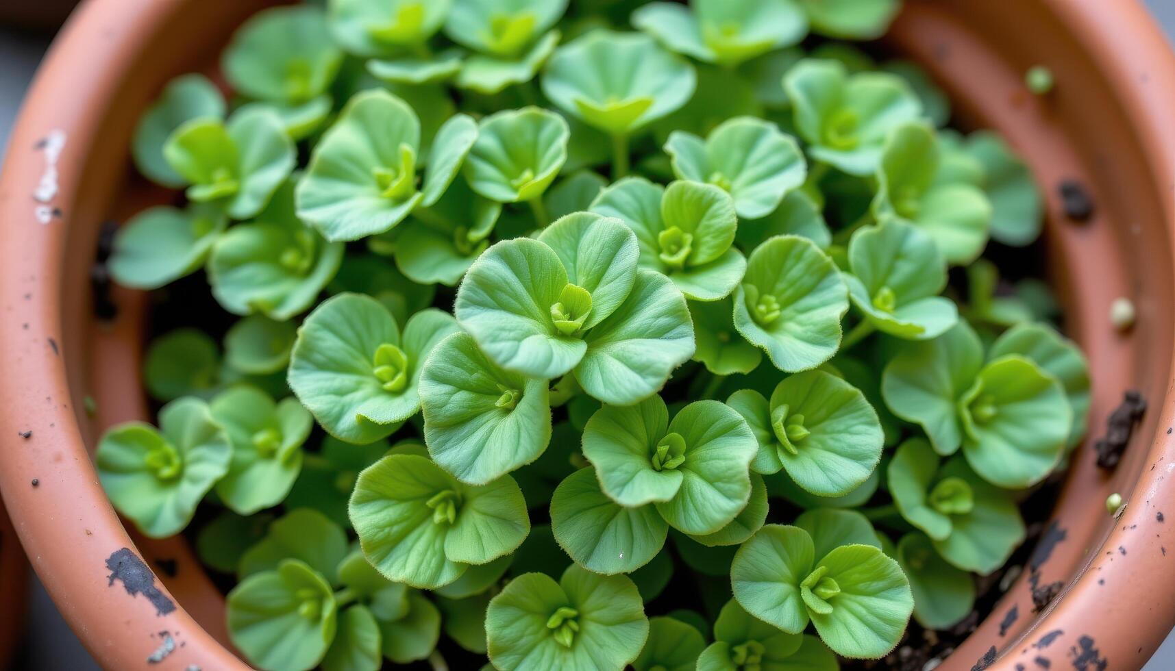 close up view of a creeping charlie with scalloped edge round leaves densely packed in a terracotta planter. photo