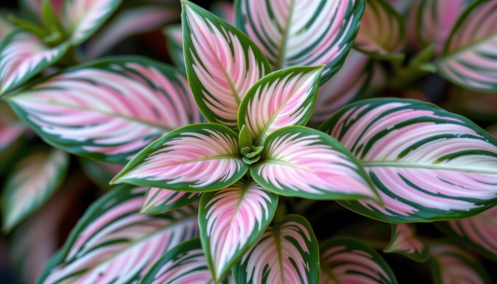 close up view of a tradescantia nanouk with pastel stripes in pink, white, and green across its thick pointed leaves. photo
