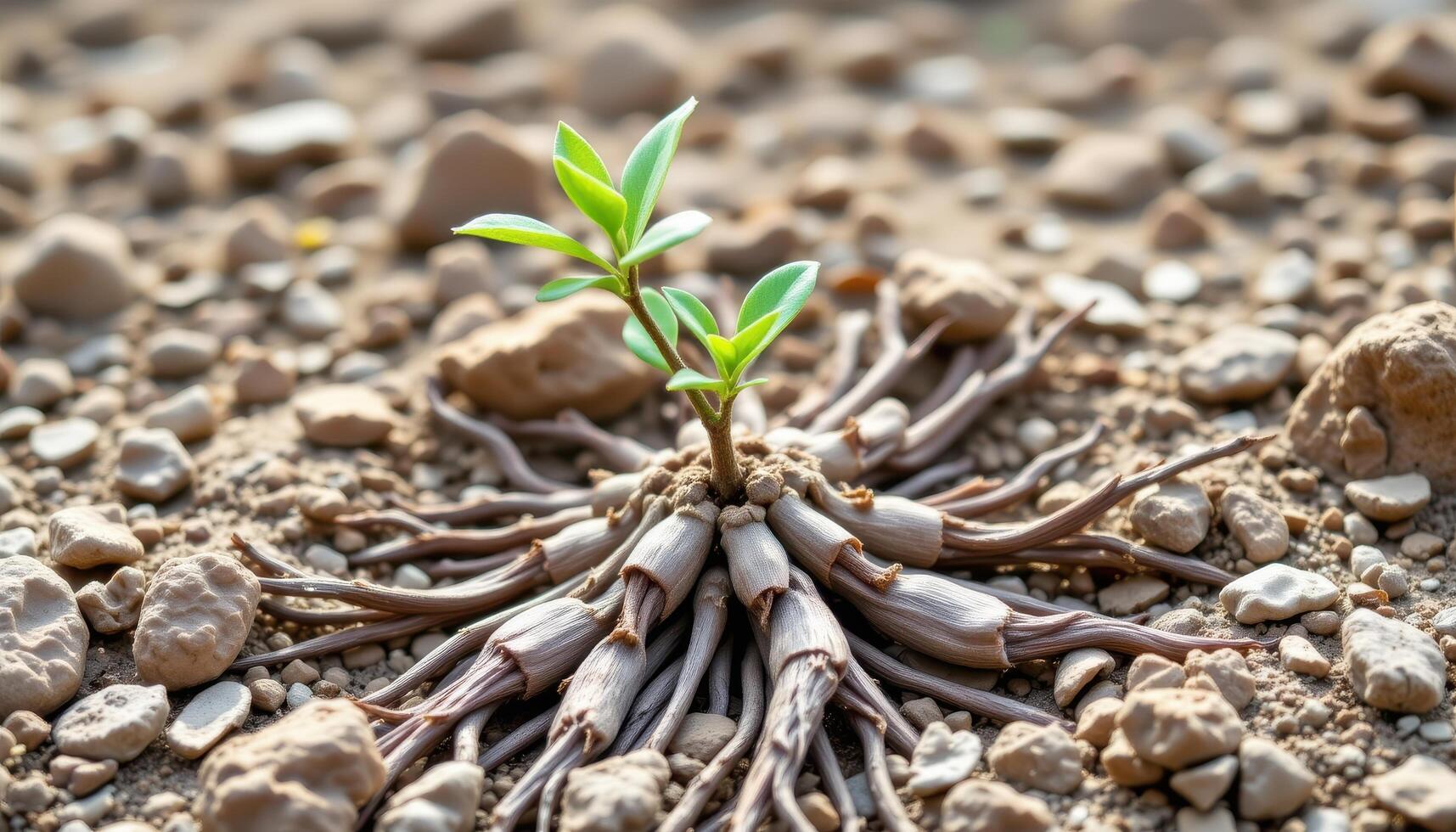 close up view of a desert rose plant with thick, swollen roots and sparse smooth green leaves sprouting from a narrow stem. photo