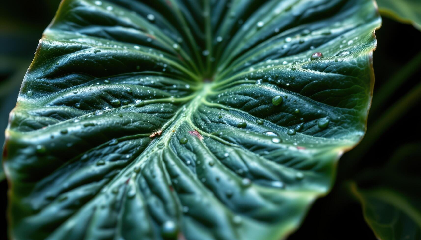 close up view of an alocasia leaf with dramatic arrowhead shape and deep vein structure glowing with moisture. photo