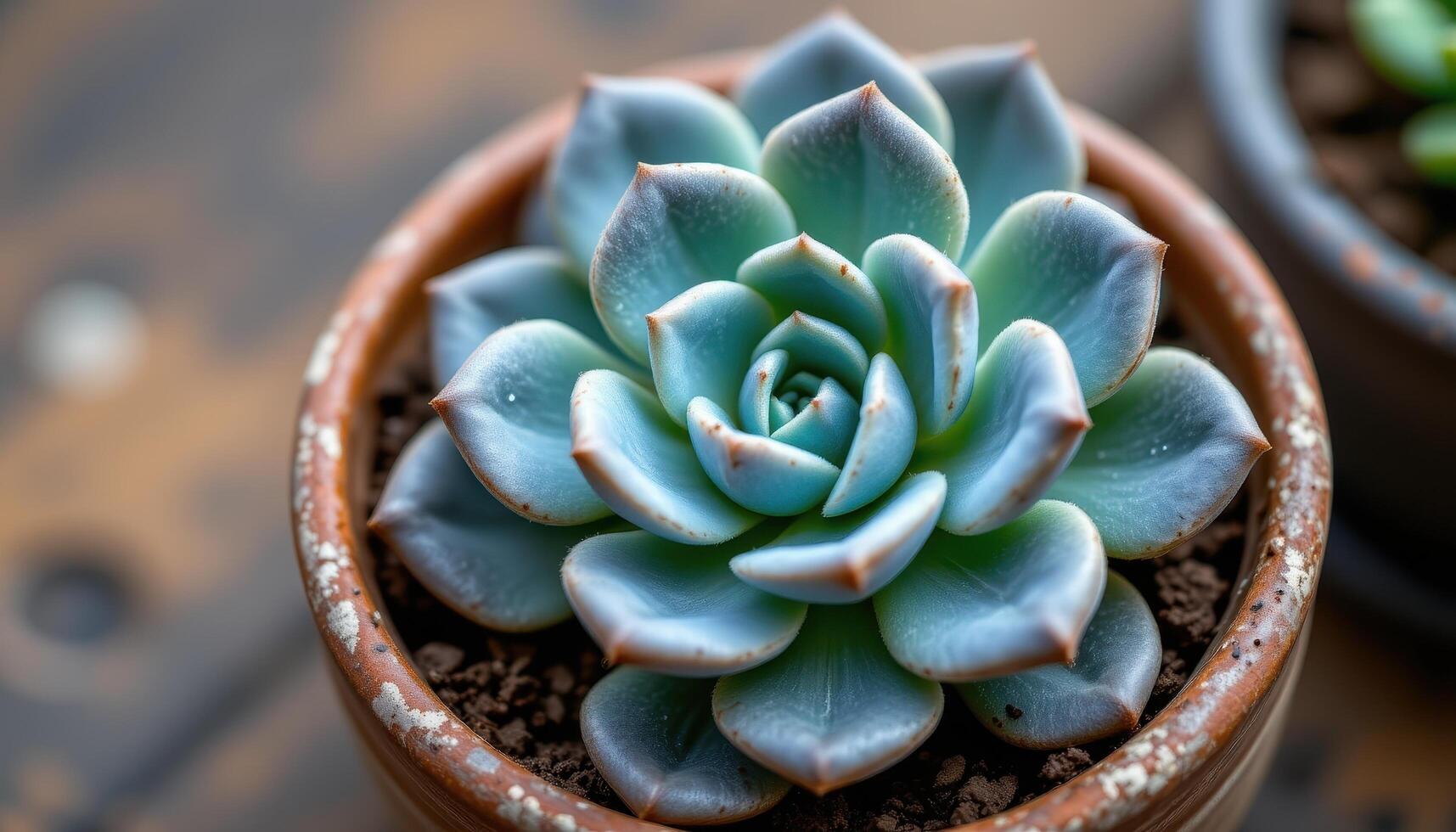 close up view of an echeveria succulent with concentric blue green rosettes and a dusty finish sitting in a decorative ceramic pot photo