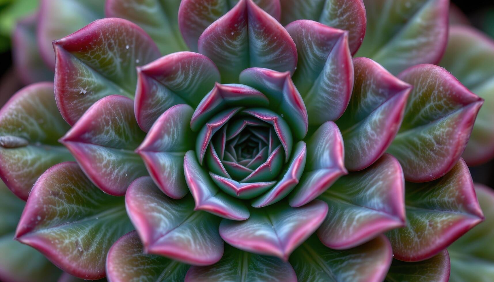 close up view of an aeonium succulent with symmetrical fleshy leaves arranged in a dense spiral rosette tinged in purple and green photo
