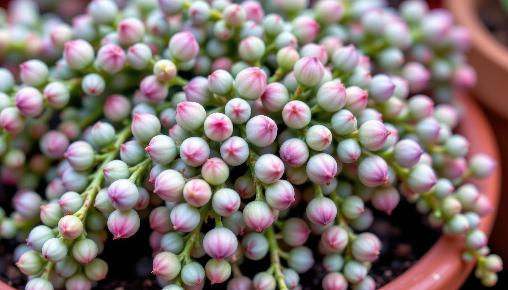 close up view of a sedum morganianum with thick bead like leaves forming long drooping clusters from the pot edge. photo