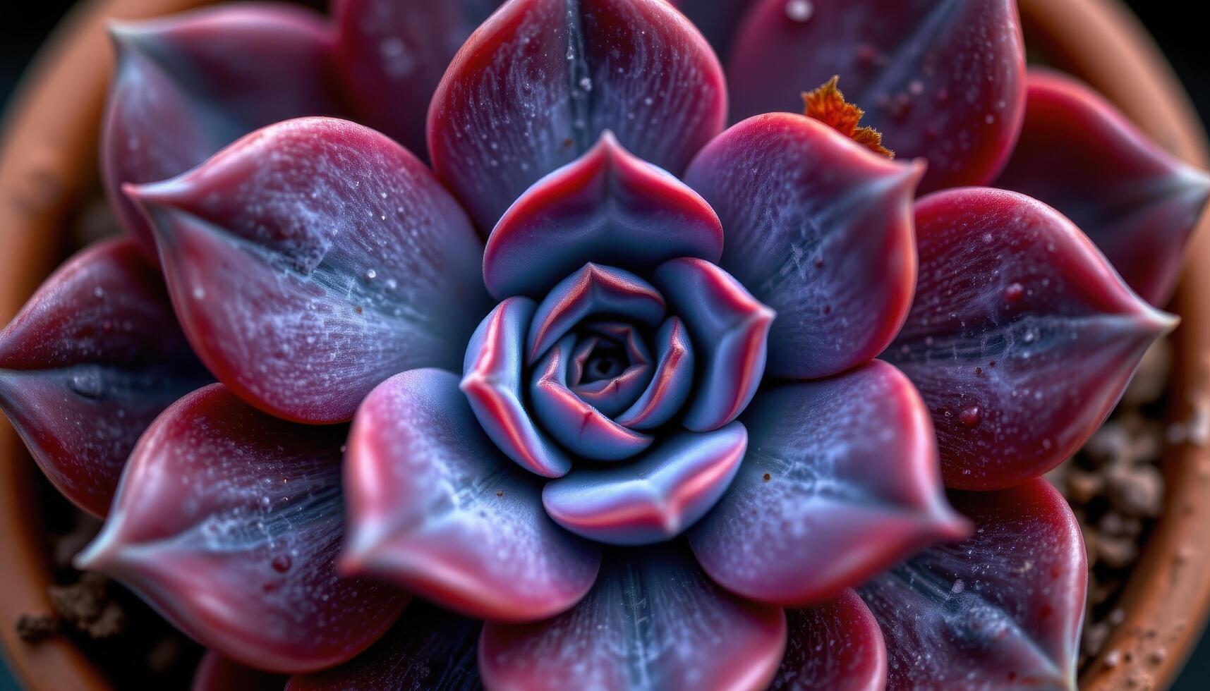 close up view of a black prince echeveria with dark burgundy leaves forming a symmetrical rosette in low key lighting. photo