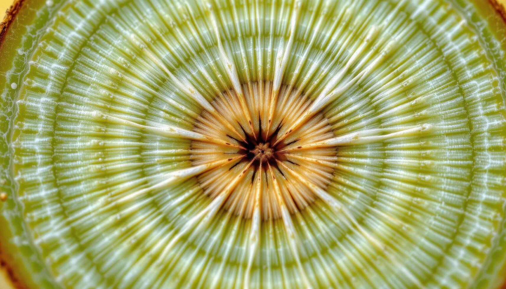 close up view of banana stem cross section showing fibrous texture and concentric patterns in pale green and yellow photo
